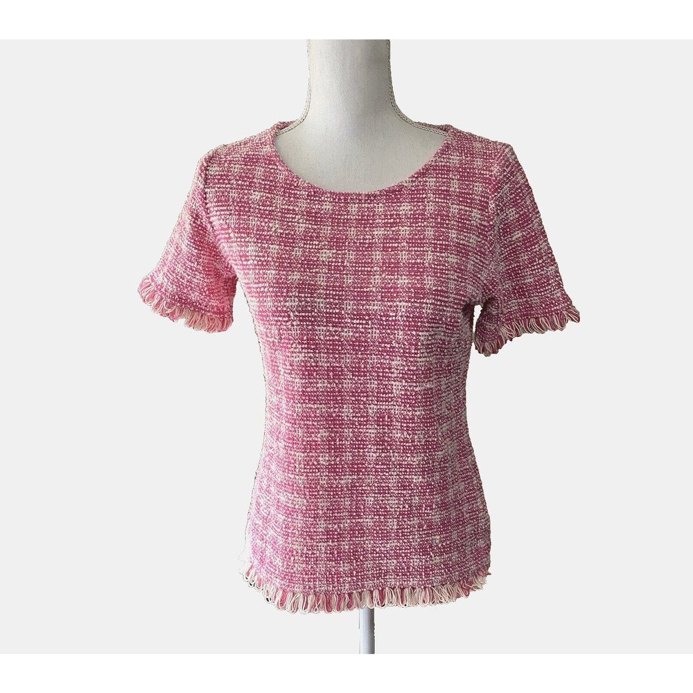 Sara Campbell Pink and Ivory Tweed Short Sleeve Top